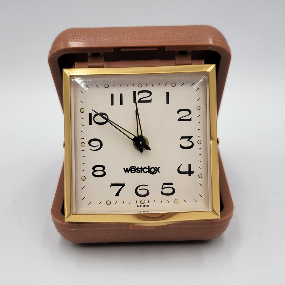 VINTAGE‎ WESTCLOX Travel Alarm Clock Wind-Up Brown Folding Case - Untested